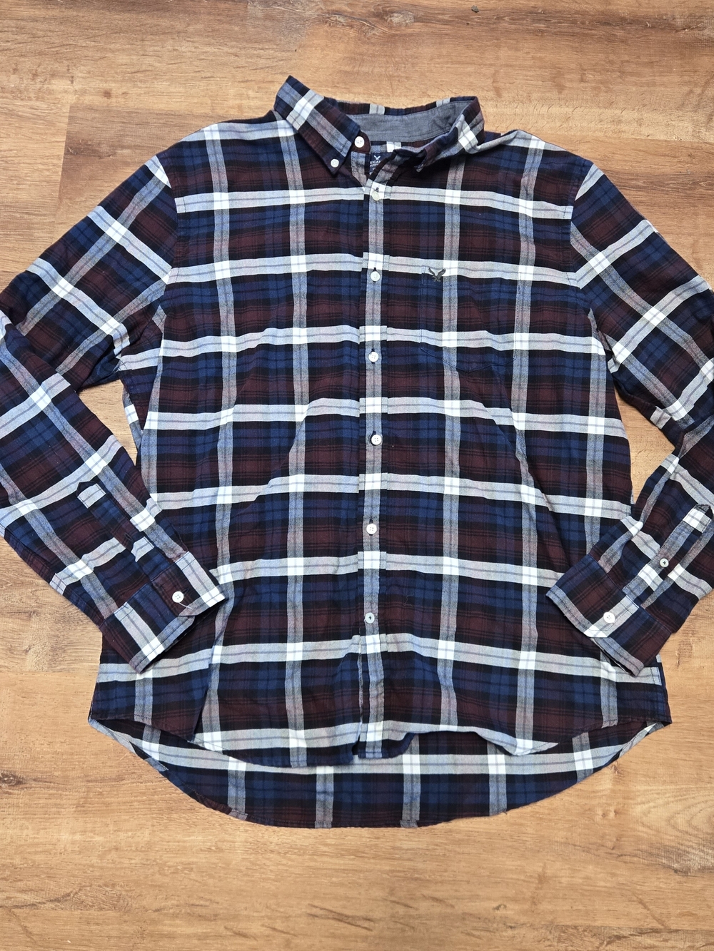 American Eagle Outfitters Men's Plaid Button-Down Shirt Navy, Burgundy White XXL